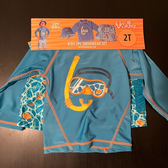 Kids 3PC Swimming Set with reversible Hat, UPF 50+ NWT Blue Summer Beach Pool - Picture 4 of 9